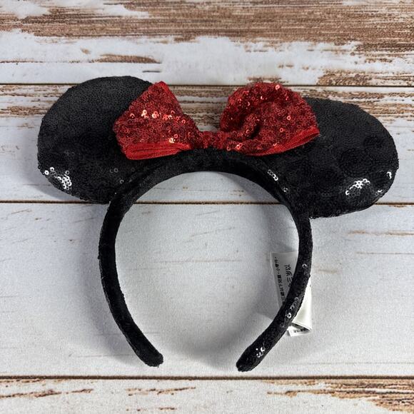 Disney Parks Minnie Mouse Sequin Ears Headband – Black/Red Bow, Authentic - Picture 1 of 3